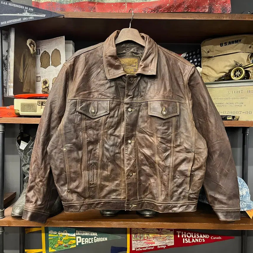 [BUNJANG] Redskins Embroidered TYPE3 Real Leather Trucker Jacket / Redskins 엠브로이드 TYPE3 리얼레더 트러커 자켓 N2600