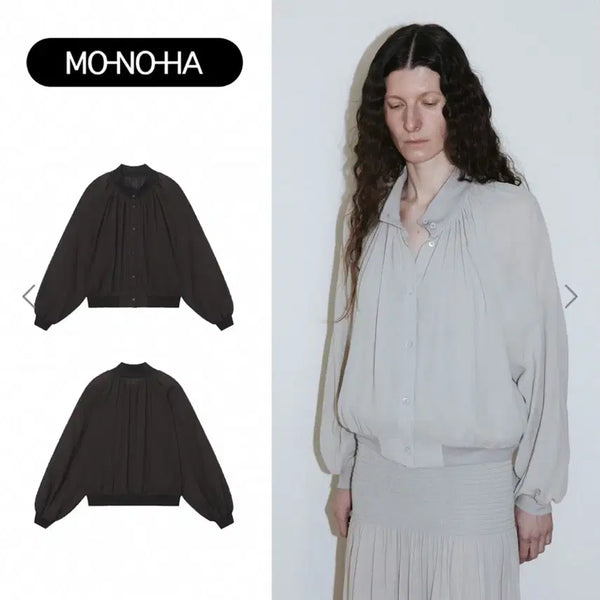 [BUNJANG] Monoha Sheer Ribbed Highneck Blouse Brown / monoha 모노하 쉬어 리브드 하이넥 블라우스 브라운