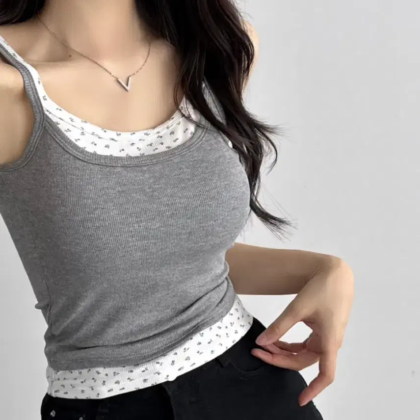[BUNJANG] Flower Layered Camisole / 플라워 레이어드 끈나시