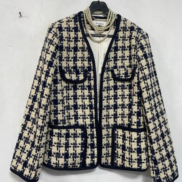 [BUNJANG] N7078 Checked Tweed No-Collar Jacket / N7078 노카라 트위드 자켓.체크