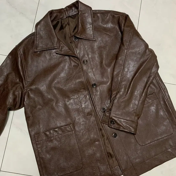 [BUNJANG] Oversized Brown Leather Jacket / 오버핏 브라운 레더 자켓