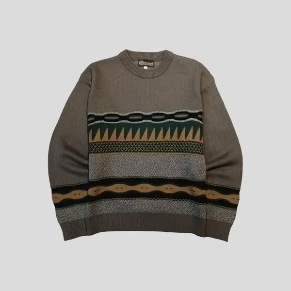 [BUNJANG] PREAMOS Ethnic Pattern Wool Blend Mock Neck Knit L / PREAMOS JP 카키 그린 베이지 에스닉 패턴 울 블렌드 모크넥 니트 L