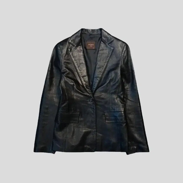 [BUNJANG] ROBO Black Lambskin One-Button Single Blazer Leather Jacket WOMANS S / ROBO 로보 블랙 양가죽 원버튼 싱글 블레이저 레더자켓 가죽자켓 WOMANS S