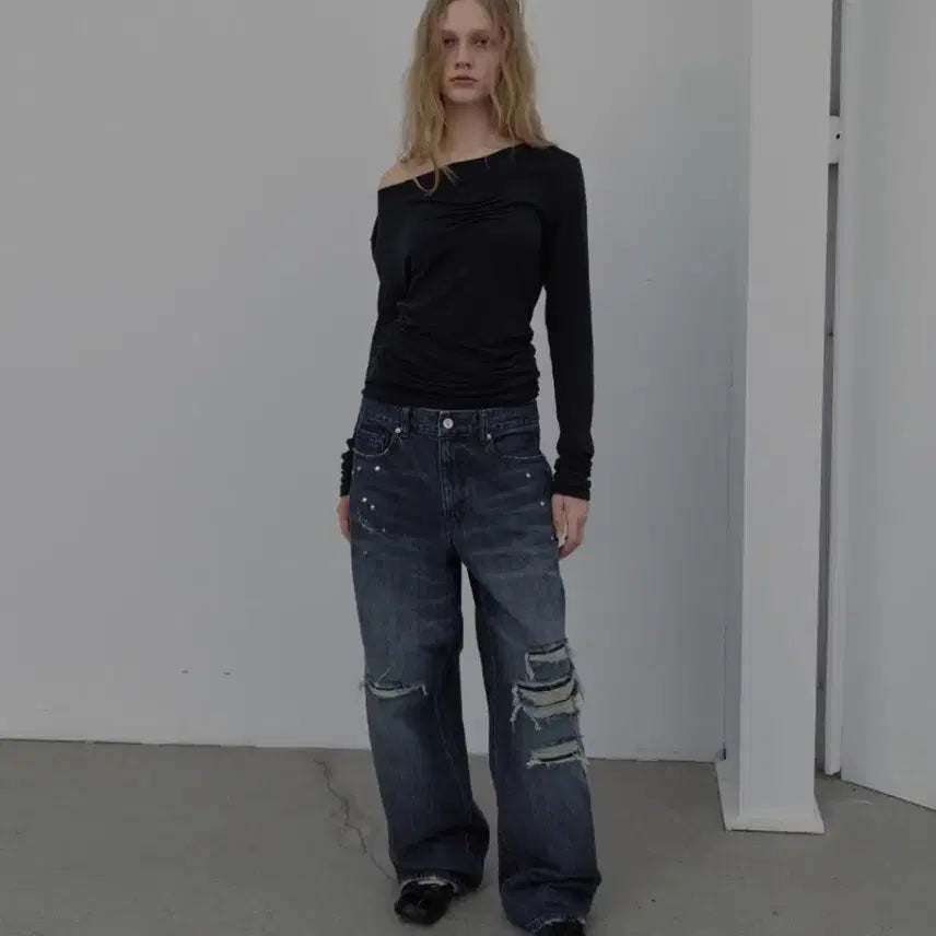 [BUNJANG] Destroyed Rivet Denim Pants (Navy) / DESTROYED RIVET DENIM (NAVY)xs