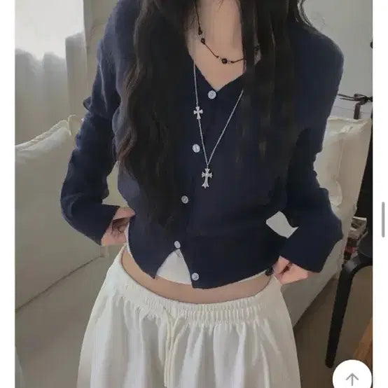 [BUNJANG] Navy Cropped Cardigan / 네이비 크롭 가디건