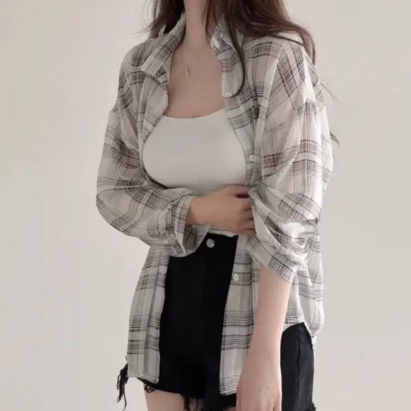 [BUNJANG] Check See-through Shirt / 체크 시스루 셔츠