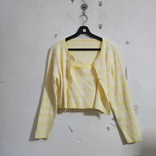 [BUNJANG] Check Pattern Knit Cardigan Set / 체크 패턴 니트 가디건 세트