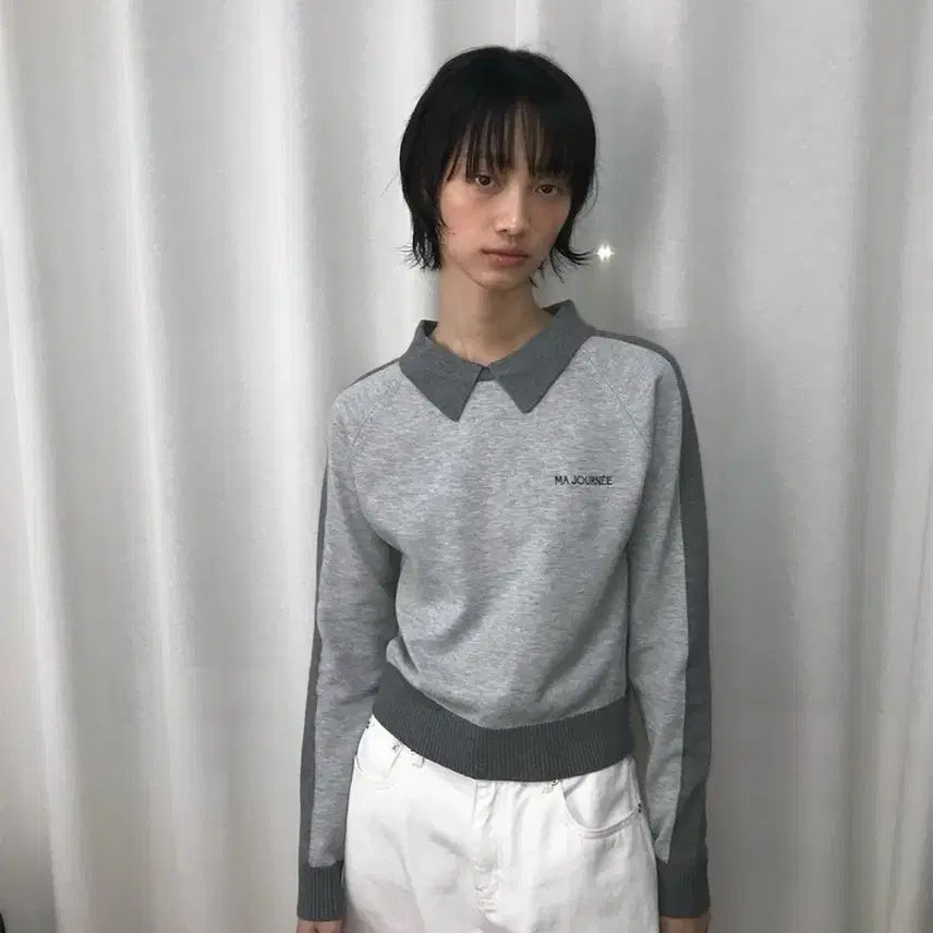 [BUNJANG] Open YY Colorblock Collar Knit - Gray / 새상품) 오픈와이와이 배색 카라 니트 그레이