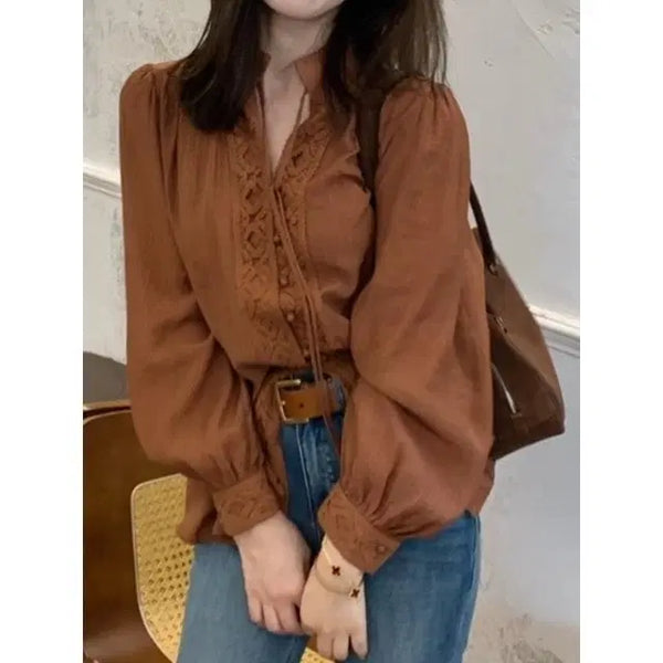 [BUNJANG] Ethnic Brown Lace Blouse / 에스닉 브라운 레이스 블라우스