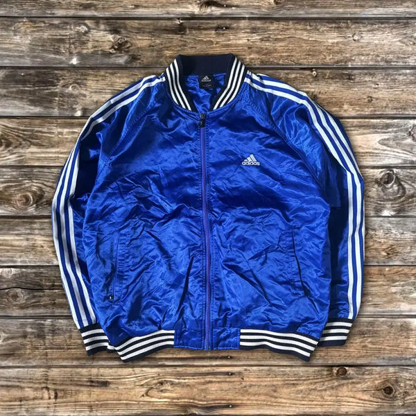 [BUNJANG] Adidas Old School Blue Track Bomber Varsity Jacket / 110) 아디다스 올드스쿨 블루 트랙 봄버 바시티 자켓