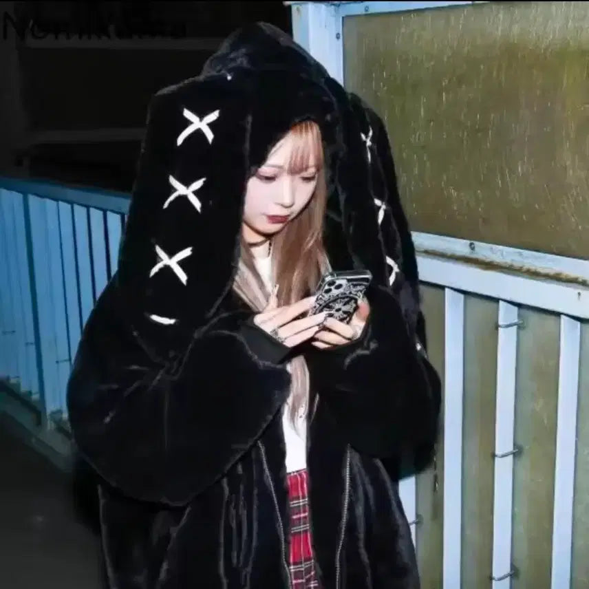 [BUNJANG] Replen Usamimi Fur Parka Black / 레플렘 우사미미 퍼파카