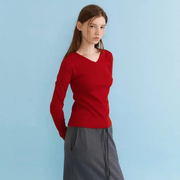 [BUNJANG] Asse V-Neck Cleo Rib Tee Red / 아쎄르 V-Neck Cleo Rib Tee 레드