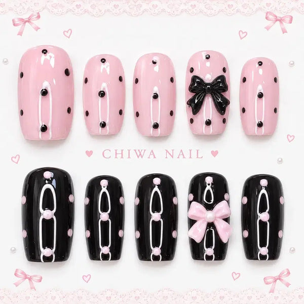[BUNJANG] Custom Dot Ribbon Handmade Nail Tips / 주문제작 도트 리본 수제 네일팁