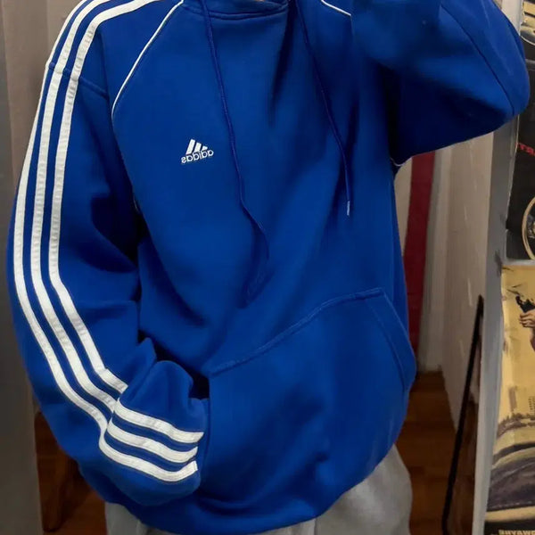 [BUNJANG] Adidas Striped Piping Pullover Hoodie Blue / 아디다스 스트라이프 파이핑 풀오버 후디 블루