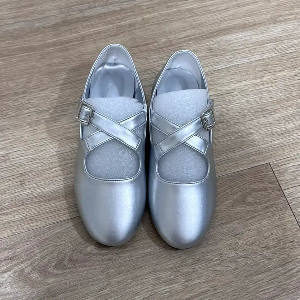 [BUNJANG] Silver Cross Strap Mary Jane Ballet Flats / [새상품] 235 실버 크로스 벨트 스트랩 메리제인 플랫슈즈