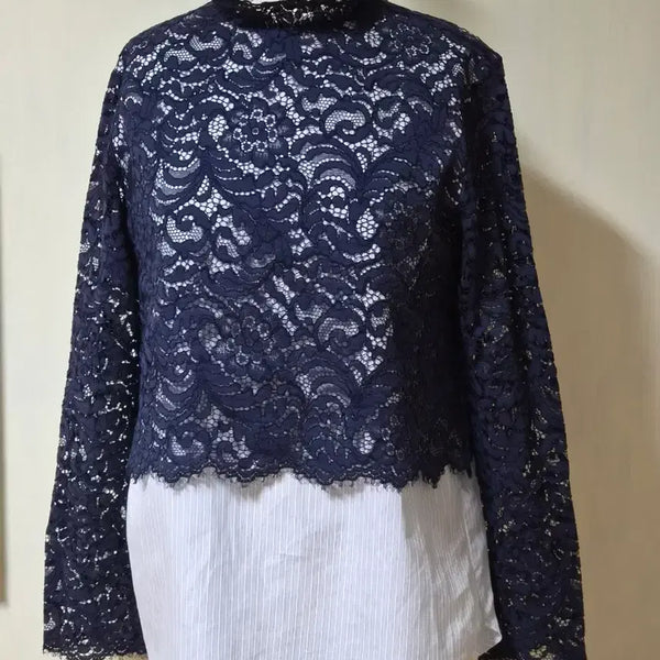 [BUNJANG] Sandro Navy Lace Mix Button-Up Blouse / 산드로