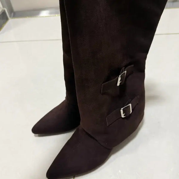 [BUNJANG] Suede Folding Long Buckle Boots Brown / 무료배송. 스웨이드 폴딩 롱 버클 부츠 브라운 240 하비가능