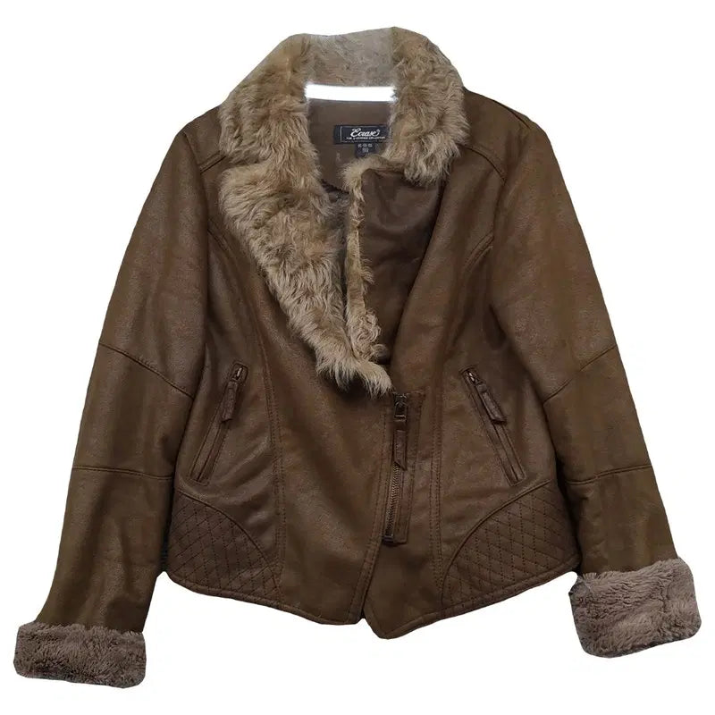 [BUNJANG] Brown Suede Polyester 100% Fur Lined Mustang Jacket / 브라운 스웨이드 폴리에스터 100% 퍼 안감 무스탕 자켓 55