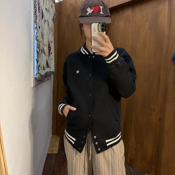[BUNJANG] Champion Windstopper Fleece Varsity Jacket Black / 챔피온 윈드스토퍼 블랙 기모 바시티 자켓 h489