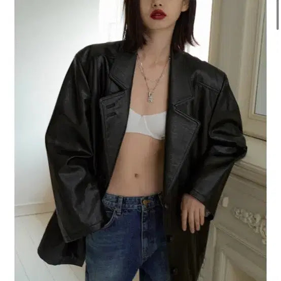 [BUNJANG] Overdue Flare Vintage Leather Jacket / 오버듀플레어 빈티지 레더 자켓