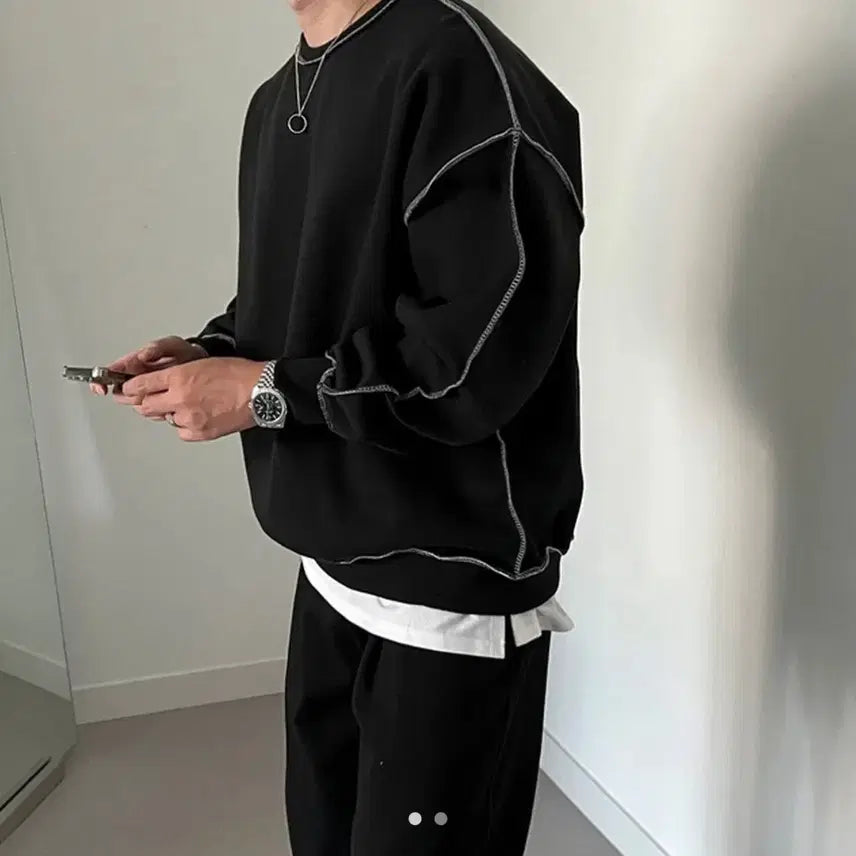 [BUNJANG] Black Reverse Double-Layered Sweatshirt / 블랙 리버스 이중지 레이어드 맨투맨