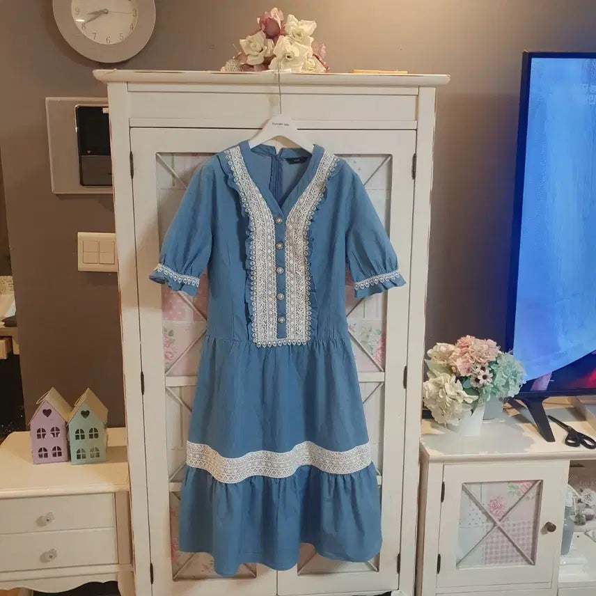 [BUNJANG] Shatin Denim Lace Long Dress / 샤틴 데님 레이스 롱원피스/55-정66