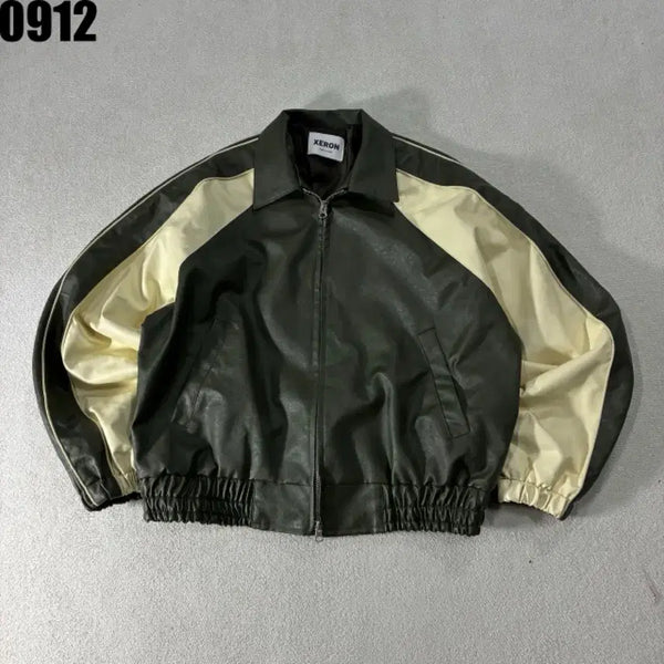 [BUNJANG] Geron Color-Block Leather Jacket L / 제론 배색 레더 자켓 L