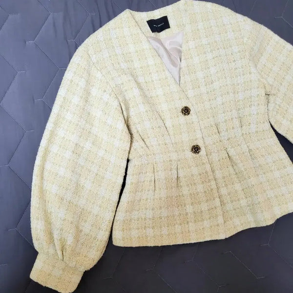 [BUNJANG] Puff Sleeve Tweed Jacket Rose Button / 퍼프소매 / 트위드자켓 / 새상품