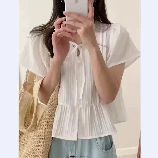 [BUNJANG] Short Sleeve Blouse with Inner Cami Top (Includes Cami) / 반팔블라우스(이너 나시 포함)