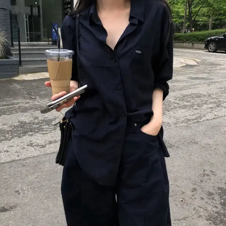 [BUNJANG] Curved Wide Cotton Pants Set / 네이버 셔츠, 커브드 와이드 코튼 팬츠 세트