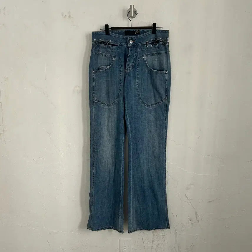 [BUNJANG] Just Cavalli Lace-Up Layered Bootcut Denim Pants / Just Cavalli 레이스업 레이어드 부츠컷 데님 팬츠