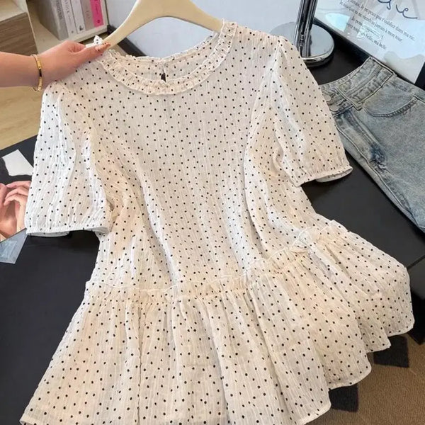 [BUNJANG] Plus Size White Polka Dot Frill Blouse / 빅사이즈 화이트 도트 프릴 블라우스