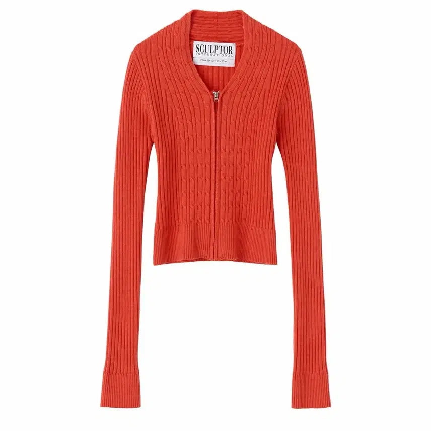 [BUNJANG] Sculptor Cable Collar Knit Zip-Up Coral / 스컬프터 케이블 카라 니트 집업 코랄
