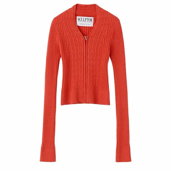 [BUNJANG] Sculptor Cable Collar Knit Zip-Up Coral / 스컬프터 케이블 카라 니트 집업 코랄