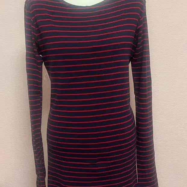 [BUNJANG] Basic Stripe Long-Sleeve Midi Dress Navy/Red / 기본 스트라이프 긴팔 원피스 네이비 레드