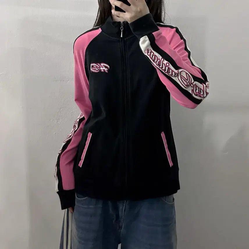 [BUNJANG] Harley-Davidson Colorblock Cotton Track Jacket Zip-Up / (XL) 할리데이비슨 핑크 블랙 배색 코튼 트랙탑 져지 집업
