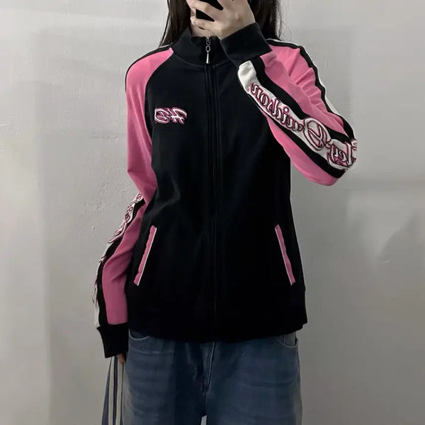 [BUNJANG] Harley-Davidson Colorblock Cotton Track Jacket Zip-Up / (XL) 할리데이비슨 핑크 블랙 배색 코튼 트랙탑 져지 집업