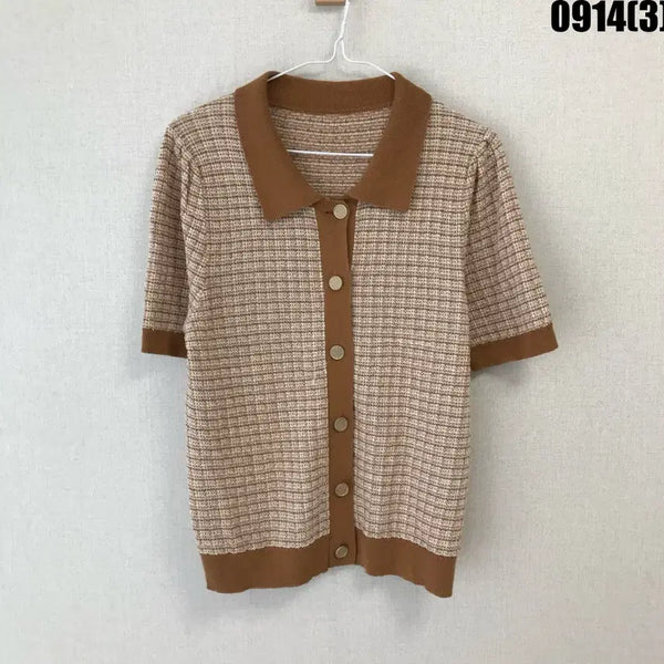 [BUNJANG] BRUUNSBAZAAR Check Pattern Collar Short Sleeve Knit Beige Brown / BRUUNSBAZAAR 체크 패턴 카라 반팔 니트 베이지 브라운 66