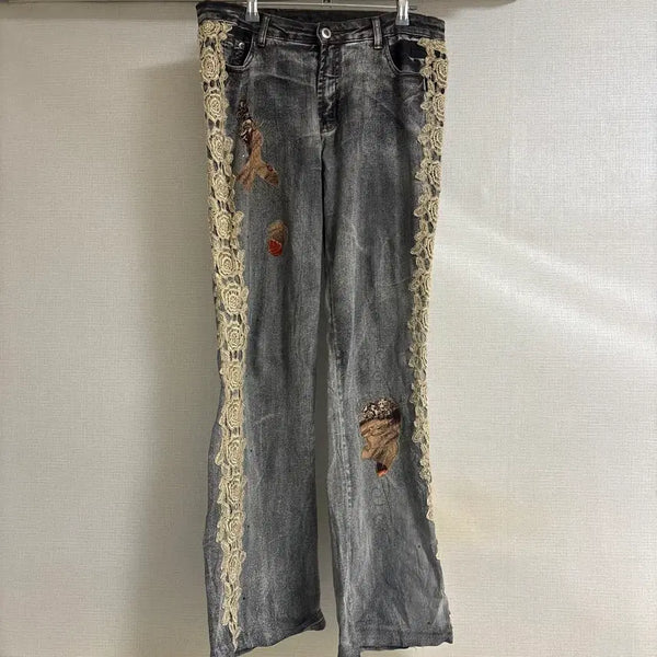[BUNJANG] Layer Room Vintage Oriental Patch Lace Black Denim Pants / layerroom 레이어룸 빈티지 오리엔탈 패치레이스 흑청 팬츠