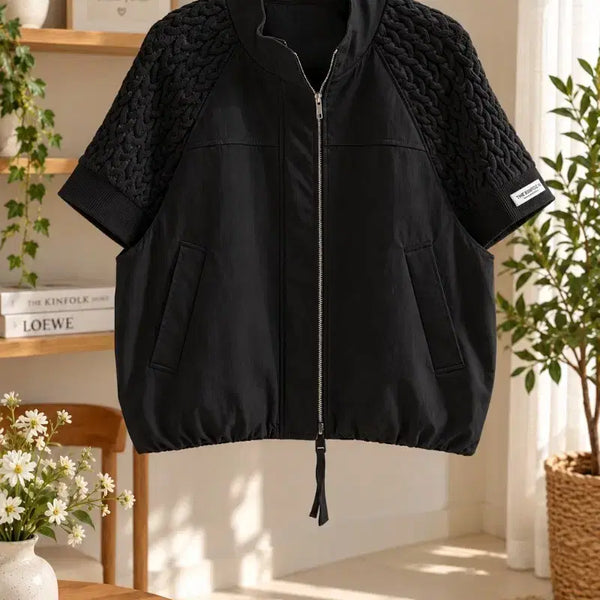 [BUNJANG] Women's Knit Sleeve Leather Jacket Black / 여성 반팔 니트.가죽 블랙 자켓