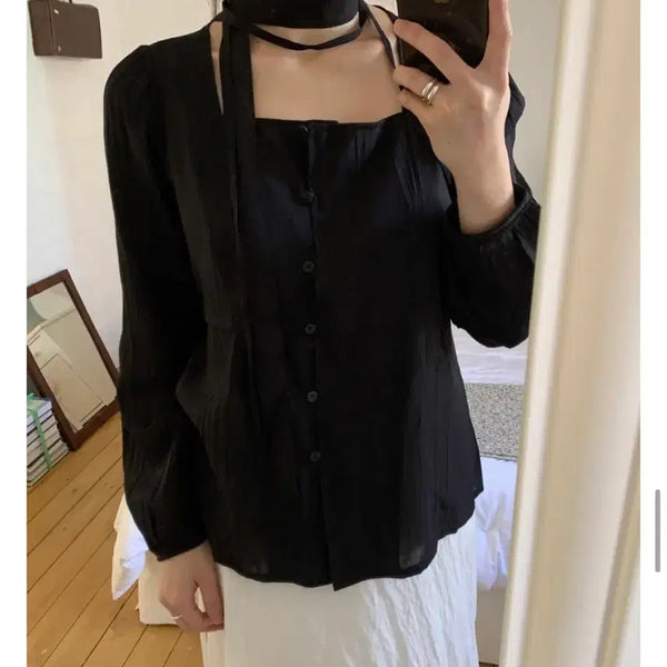[BUNJANG] Selected Black Square Neck Blouse / 셀렉트한 Drawing blouse