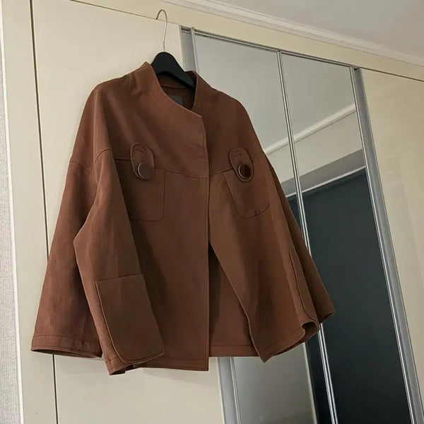 [BUNJANG] Lemare Brown Cotton Round Neck Short Jacket / 제평 lemaree 버튼 포인트 브라운 코튼 숏 자켓 노카라 라운드넥 야상 르마레 르마르