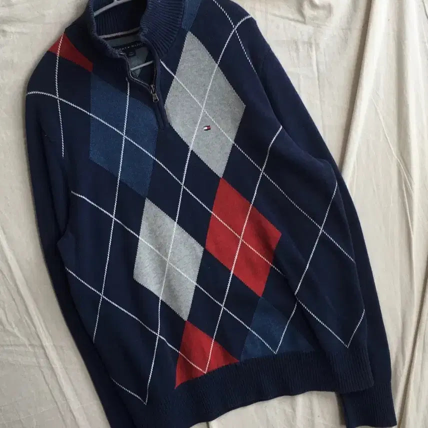 [BUNJANG] Tommy Hilfiger Argyle Pattern Half-Zip Knit Sweater / 타미힐피거 아가일패턴 니트 반집업