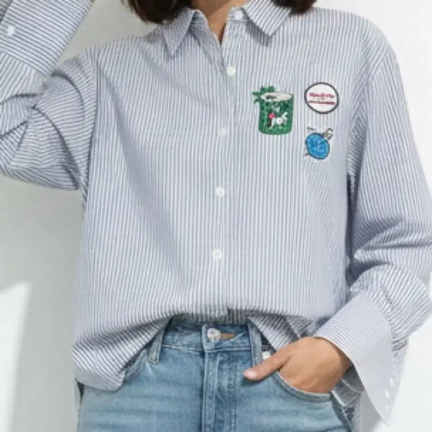 [BUNJANG] Embroidered Patch Stripe Long Sleeve Shirt / 자수 와펜 스트라이프 긴팔 셔츠 남방