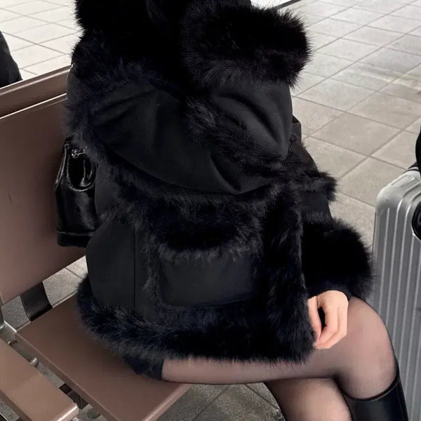[BUNJANG] Khaki Point Shearling Fur Mustang Black / 카키포인트 시어링 퍼 무스탕 블랙