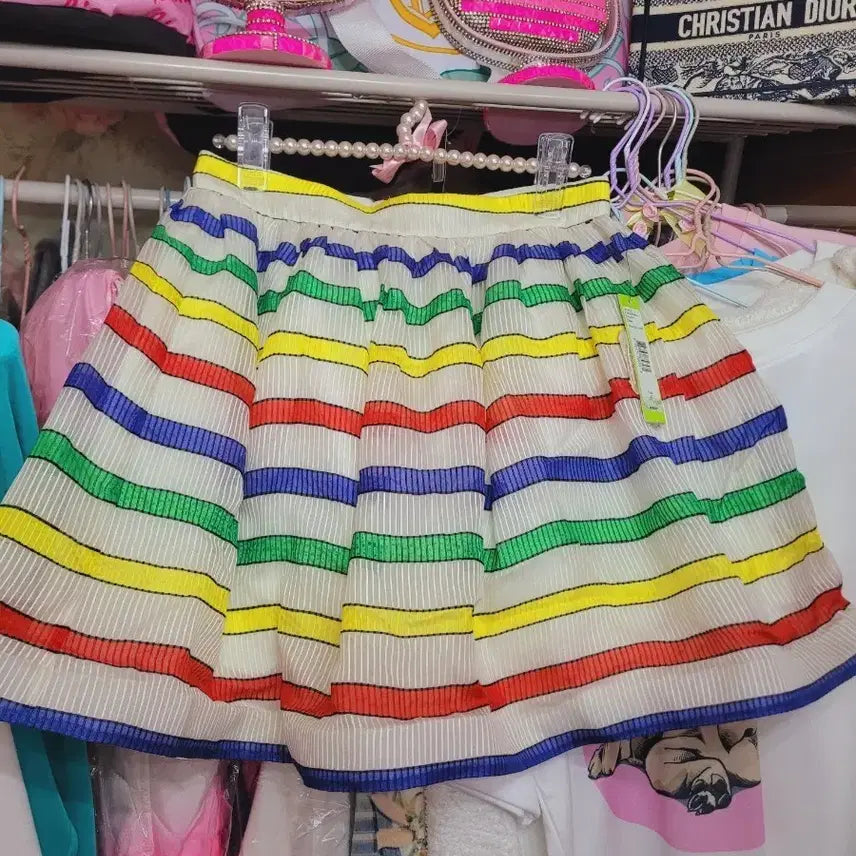 [BUNJANG] Rainbow Stripe Pleated Midi Skirt / 레인보우 스트라이프 플리츠 스커트 수입
