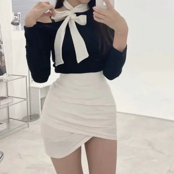 [BUNJANG] Black & White Ribbon Off-Shoulder Long Sleeve Top / 블랙 화이트 리본 오프숄더 긴팔티