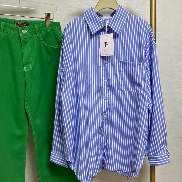 [BUNJANG] Blue Stripe Long Shirt with Back Slit / 블루스트라이프뒤트임롱셔츠