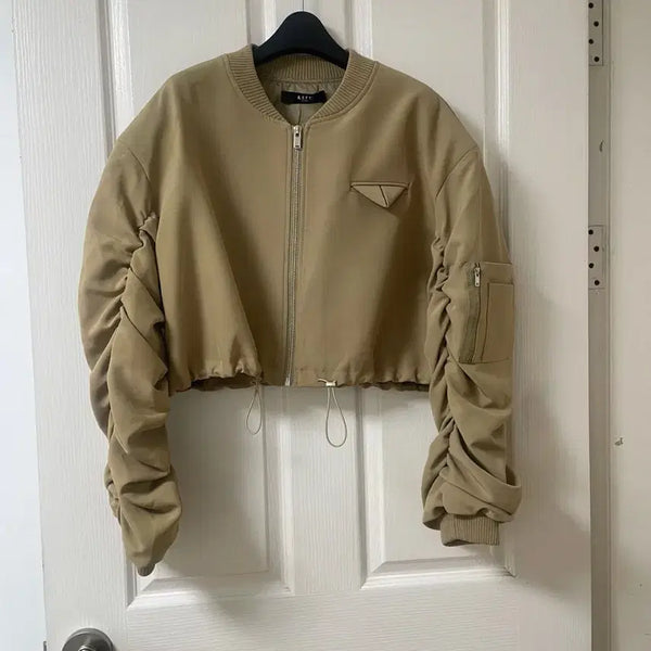 [BUNJANG] Ieef Studio Beige Cropped Shirring Bomber Jacket / iLEEF STUDIO 베이지 크롭 셔링 봄버 자켓 하프 반 점퍼 잠바 f~통통66 빅사이즈 렉토마땡킴아모멘토