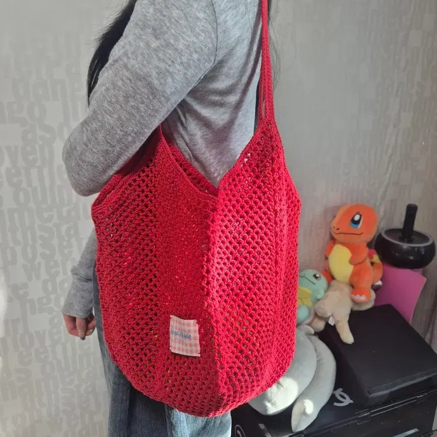 [BUNJANG] Handmade Red Knit Net Bag / 핸드메이드 레드 뜨개 네트백